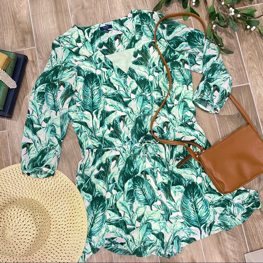 Kaari blue green tropical leaves romper